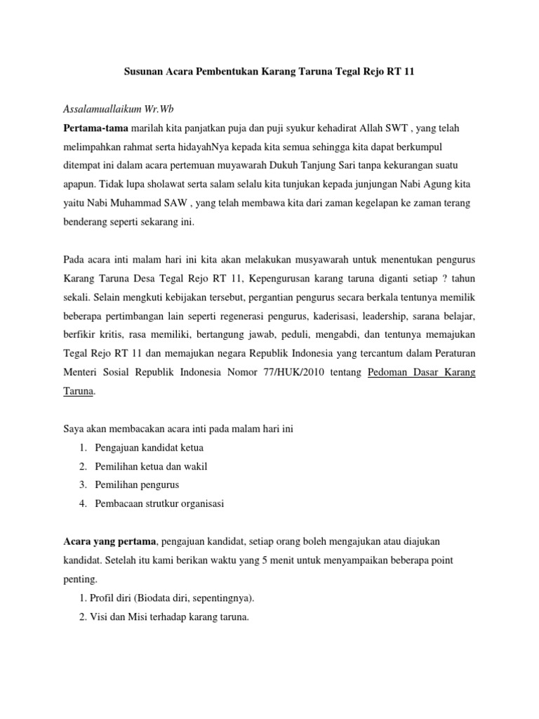 Contoh Susunan Acara Pelantikan Karang Taruna - filtrujillo.com