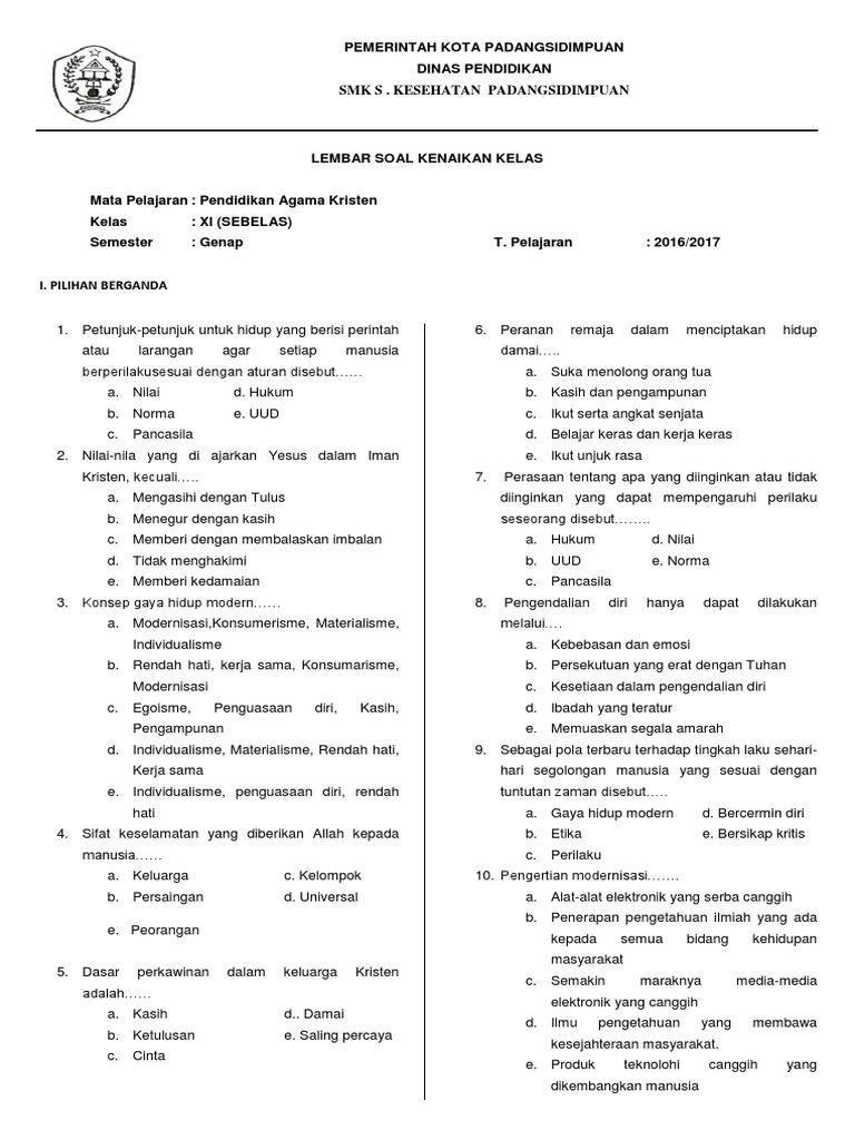 Contoh Soal Agama Kristen Kelas Xi Semester Ganjil Beserta Jawabannya