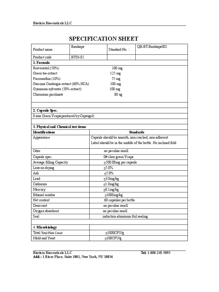 Specification Sheet of Bioshape With Green Tea Extract(Finished Product