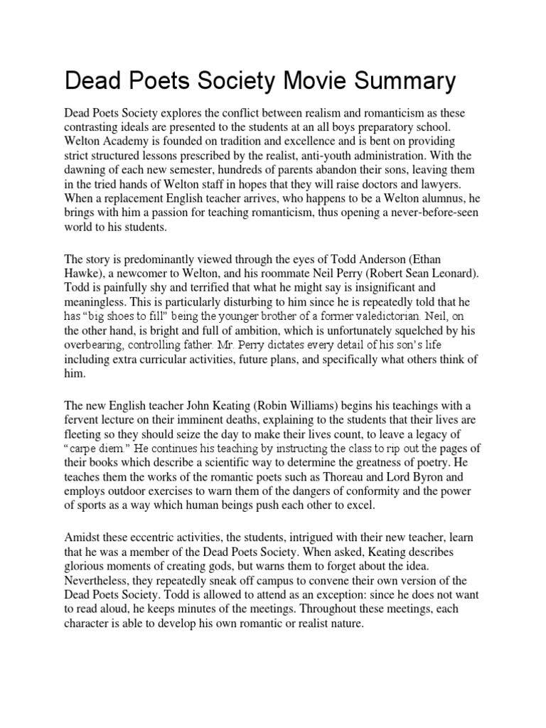 Dead Poets Society Movie Summary PDF Poetry