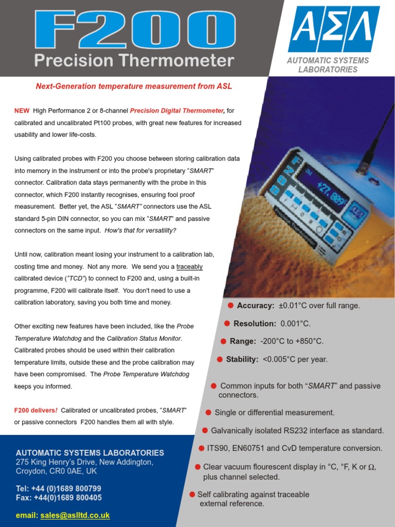 ASL F200 Precision Thermometer Overview | PDF | Thermometer | Calibration