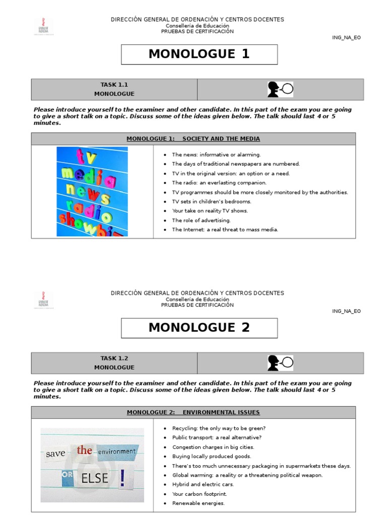 Monologue Topics for Certification Exam | PDF | Family | Internet