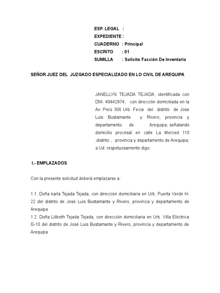Solicitud de Inventario Ley procesal Ley común