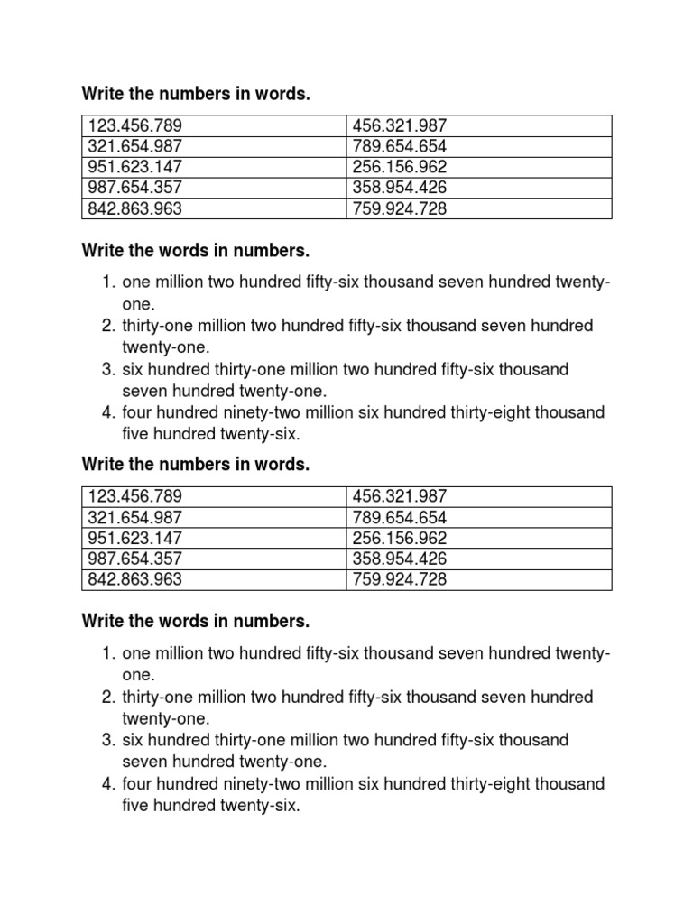 Big Numbers Worksheet PDF
