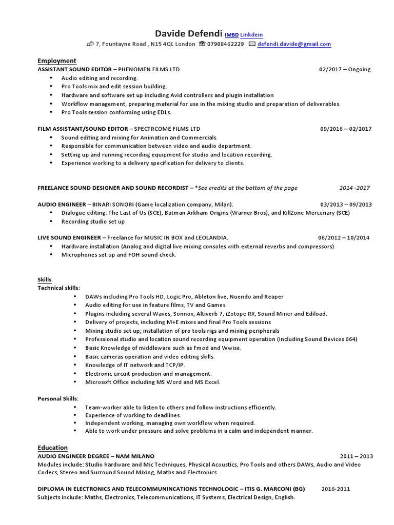 Sound Editing Professional Profile | PDF | Audio Engineer | Sound ...