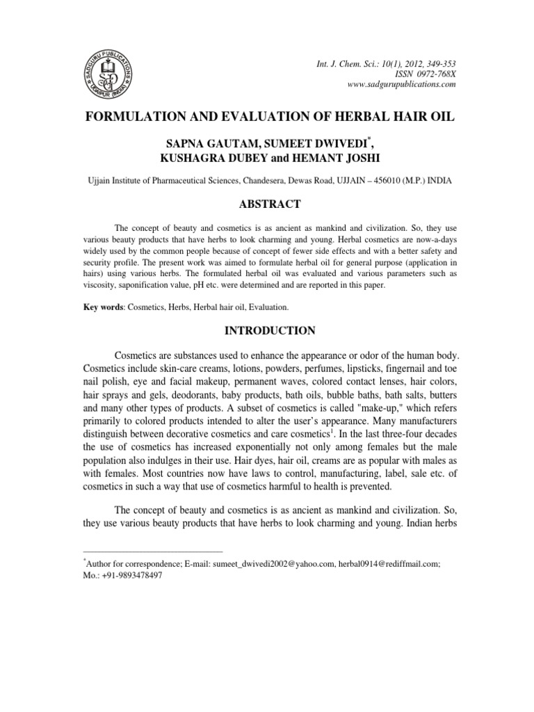 Formulation and Evaluation of Herbal Hair Oil PDF | PDF | Cosmetics ...