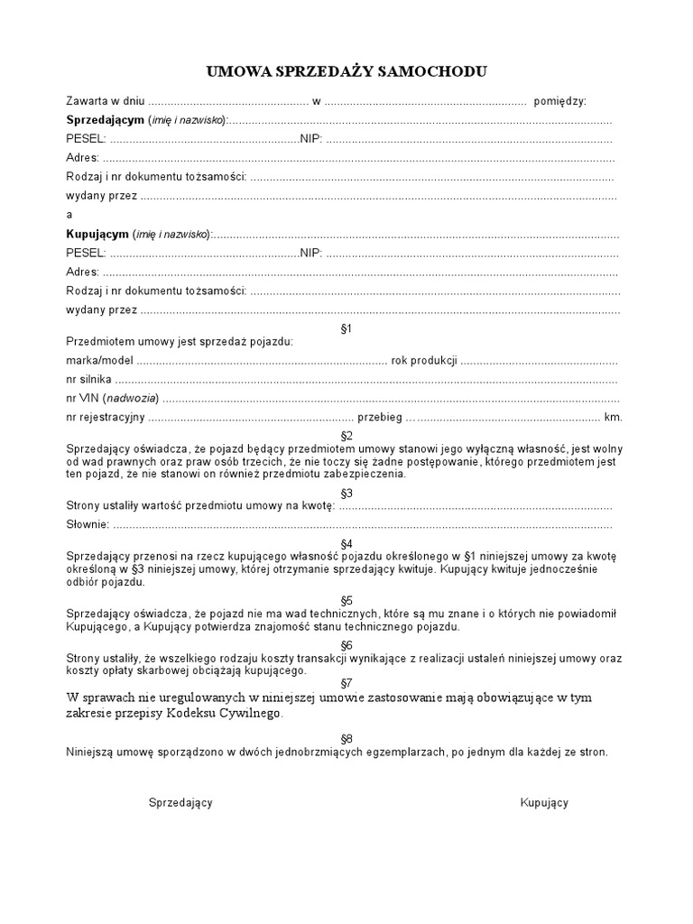 Umowa Kupna Sprzedazy