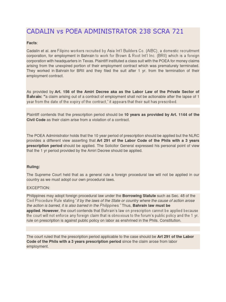 Cadalin vs POEA: Employment Claim Ruling | PDF | Law