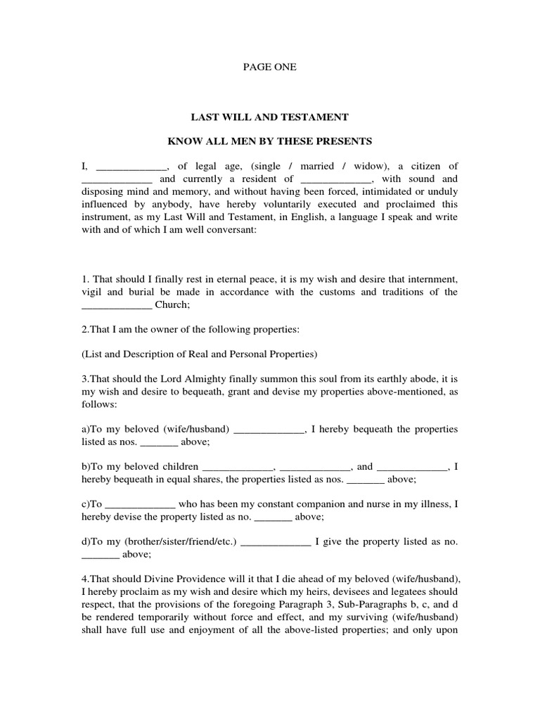 Notarial Will Template Philippines | PDF | Will And Testament | Civil ...