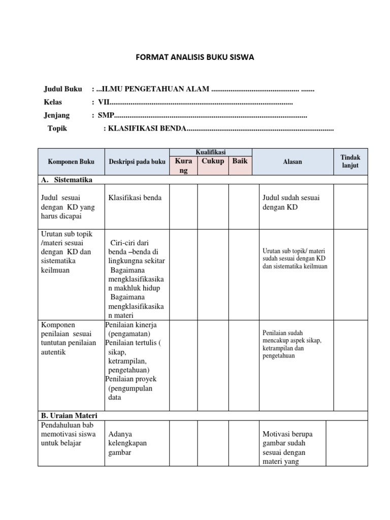 Format Analisis Buku Siswa Ipa