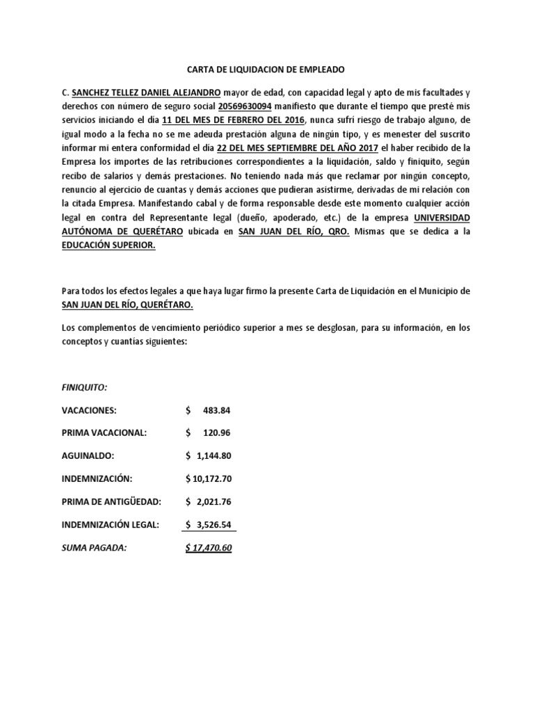 Carta de Liquidación (Machote) | PDF