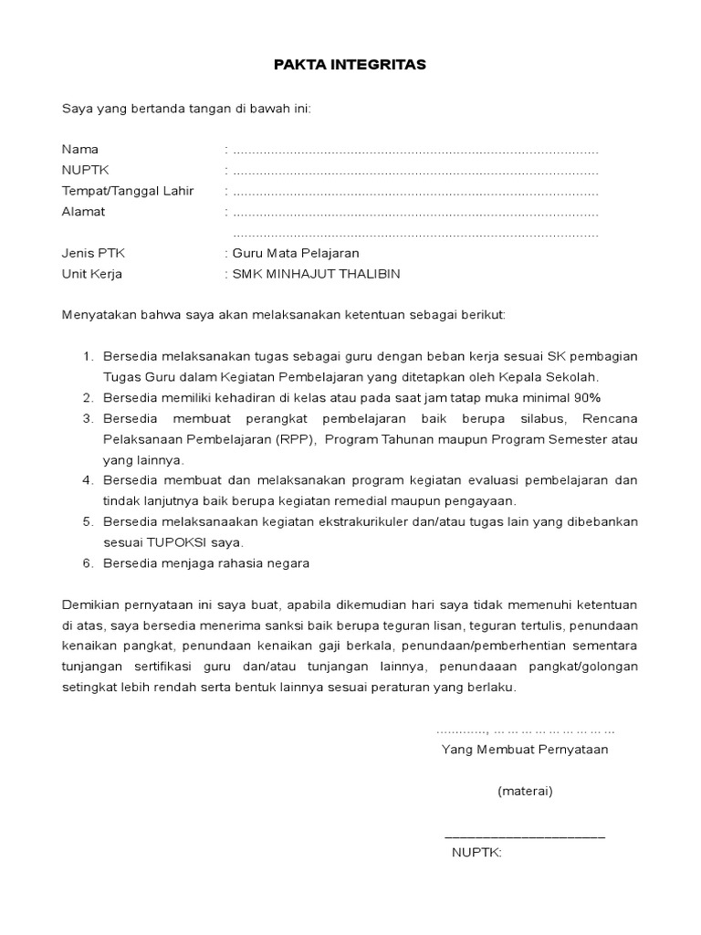 Contoh Surat Pakta Integritas Guru
