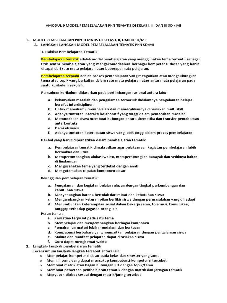 Modul 9 Model Pembelajaran Pkn Tematis Di Kelas I Pdf