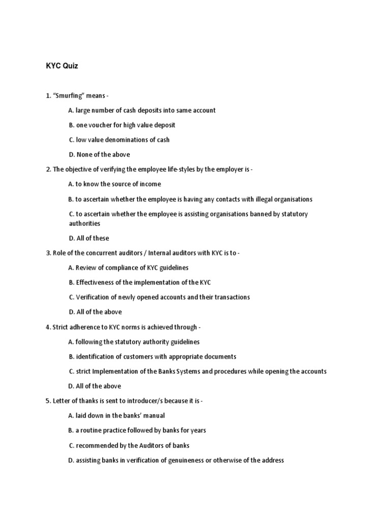 KYC Quiz Handout | PDF | Money Laundering | Cheque