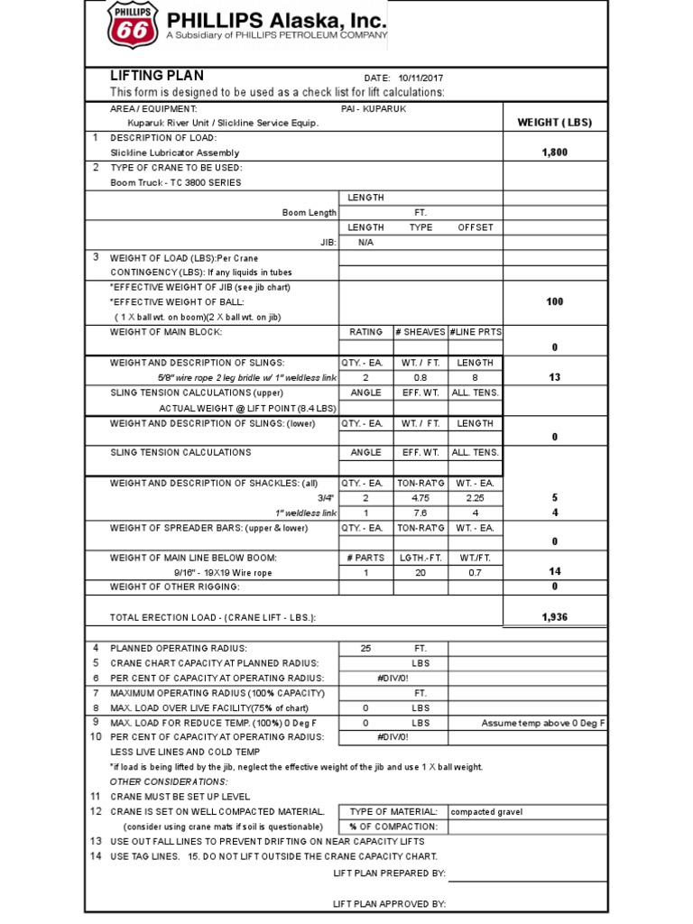 Lifting Plan This form is designed to be used as a check list for lift
