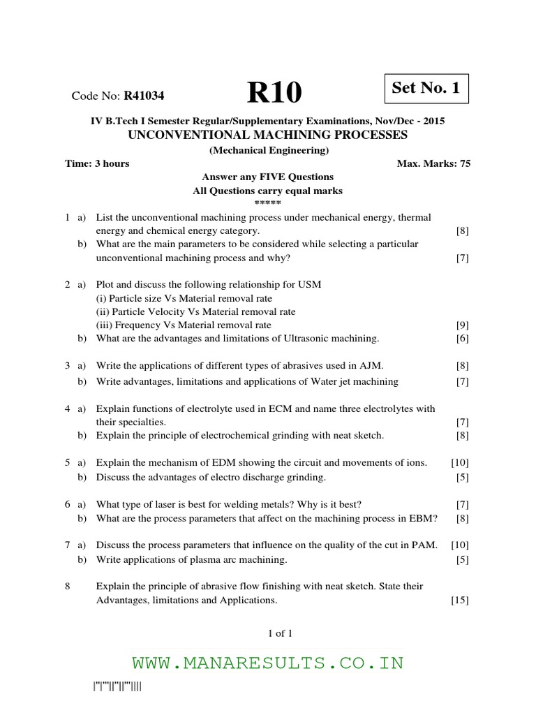 JntuK CAD/CAM Question Paper PDF Machining Electric Arc