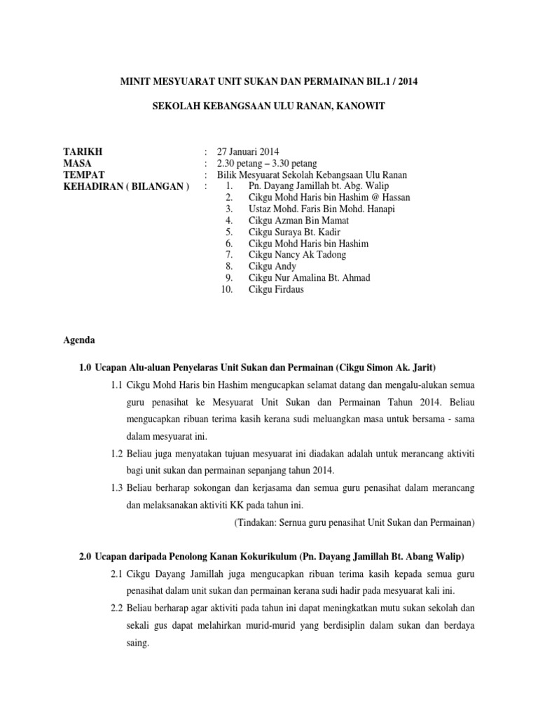 Minit Mesyuarat Penyelaras Sukan Dan Permainan Pdf
