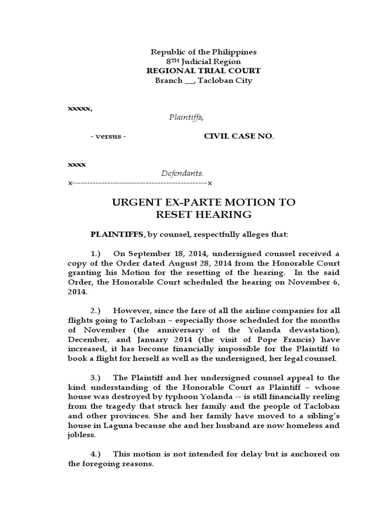 Sample Motion to Reset Hearing Separation Of Powers Judiciaries