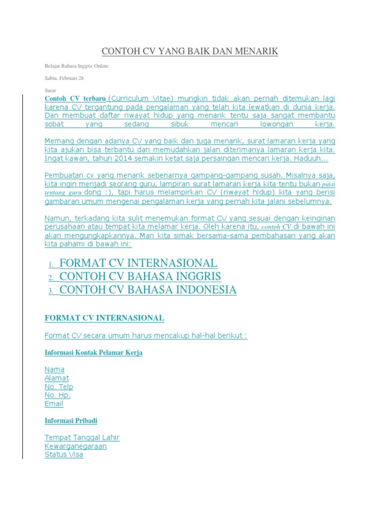 Contoh CV Menarik dan Terbaru | PDF