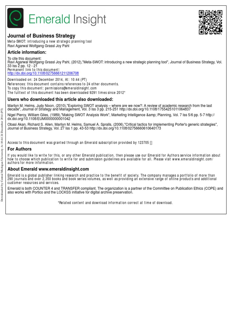 Meta-SWOT: A New Strategic Tool | PDF | Strategic Management | Swot ...