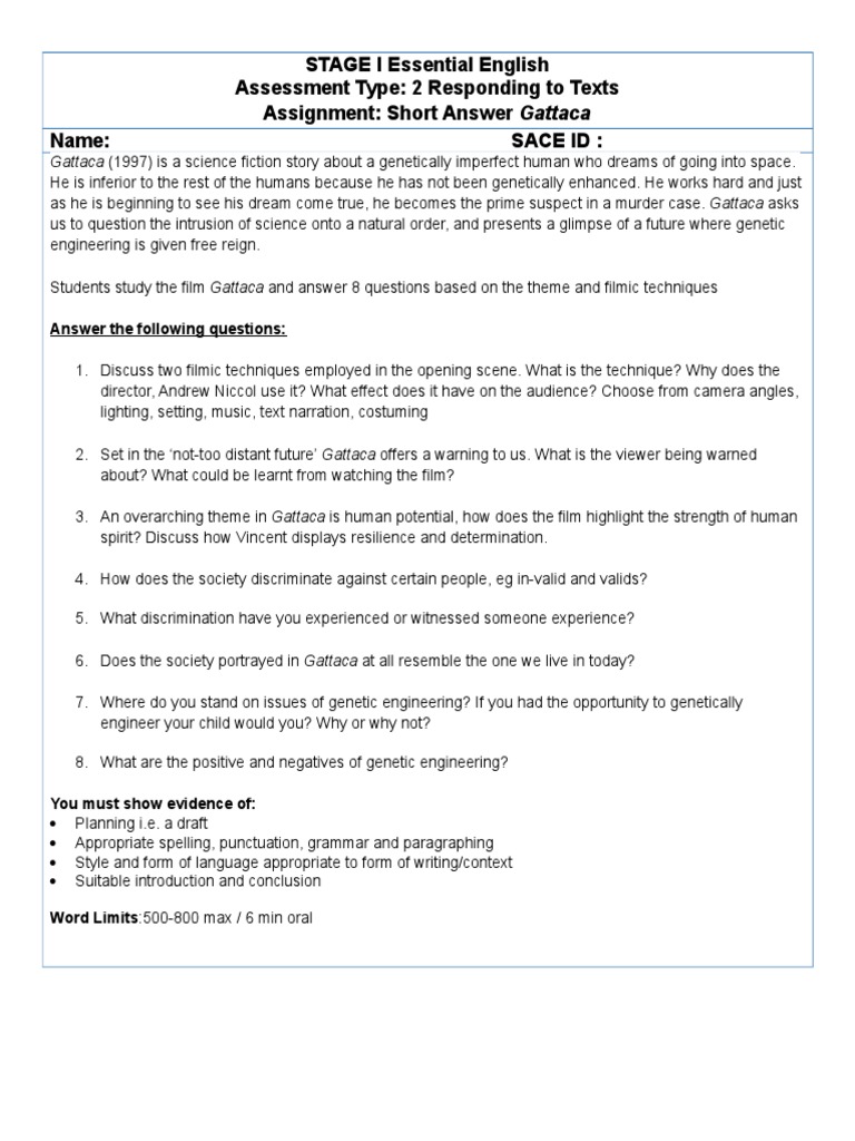 gattaca task sheet | Reading Comprehension | Grammar