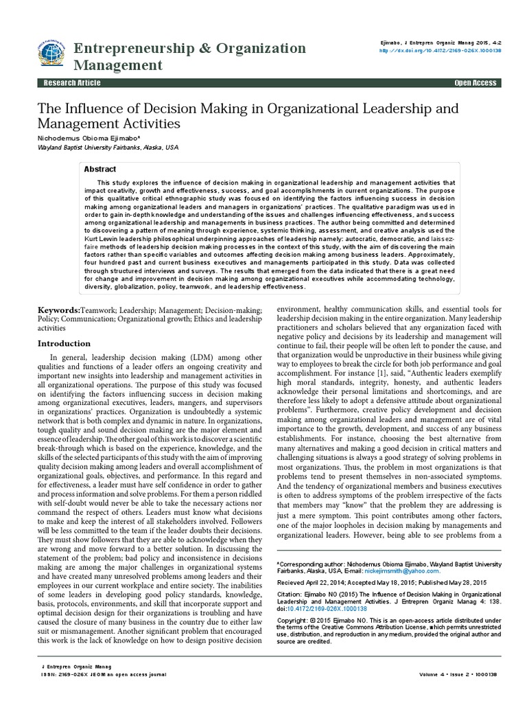 The Influence of Decision Making in Organizational Leadership and ...