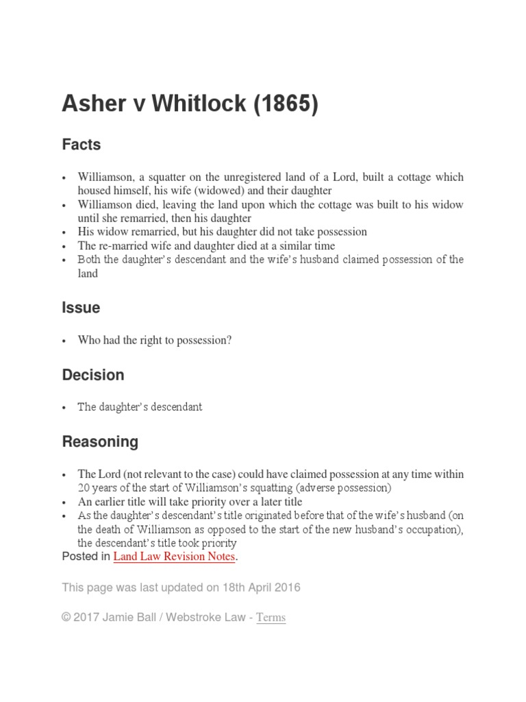 Asher v Whitlock: Possession Rights Explained | PDF | Law