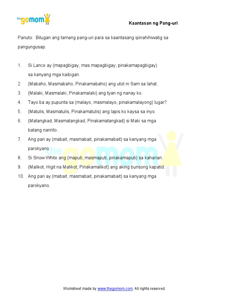 kaantasan ng pang uri 6 worksheetspdf
