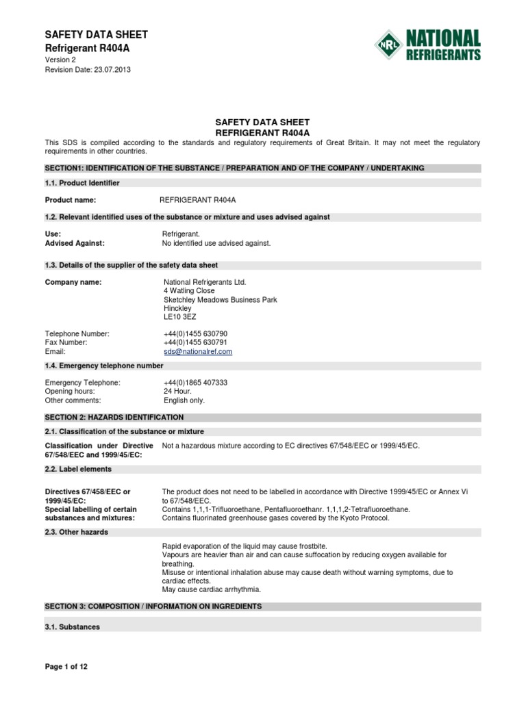 Safety Data Sheet Refrigerant R404A PDF Toxicity Oxygen
