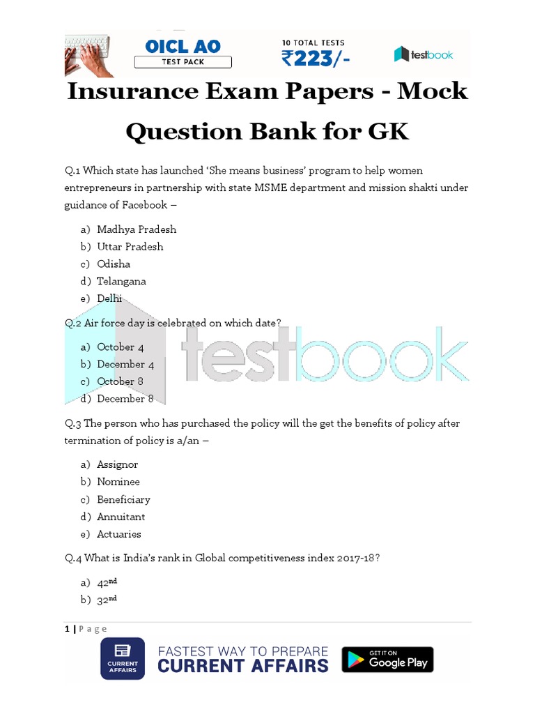 Insurance Exam Papers Mock Question Bank For GK PDF Insurance