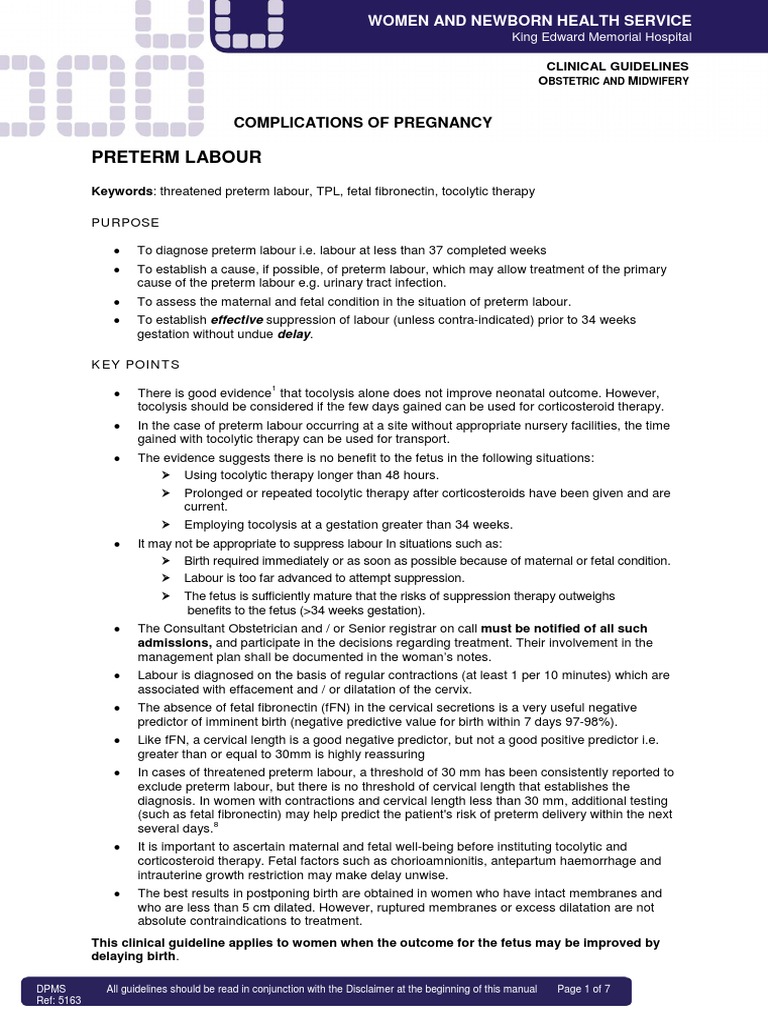 Premature Labour Clinical Guideline PDF Preterm Birth Childbirth