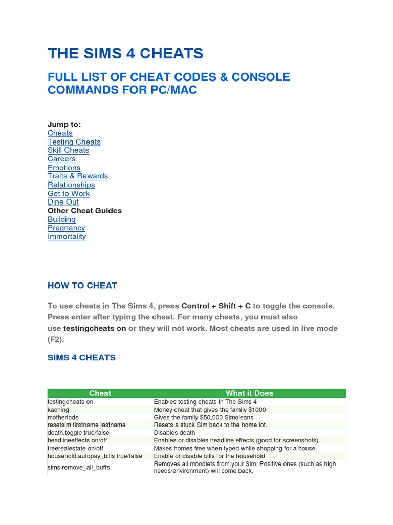 The Sims 4 Cheats Full List of Cheat Codes & Console Commands For Pc/Mac PDF Cheating In