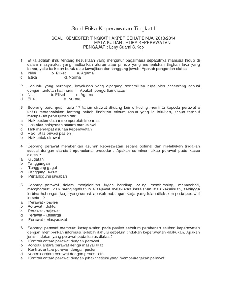 Soal Etika Keperawatan Tingkat I