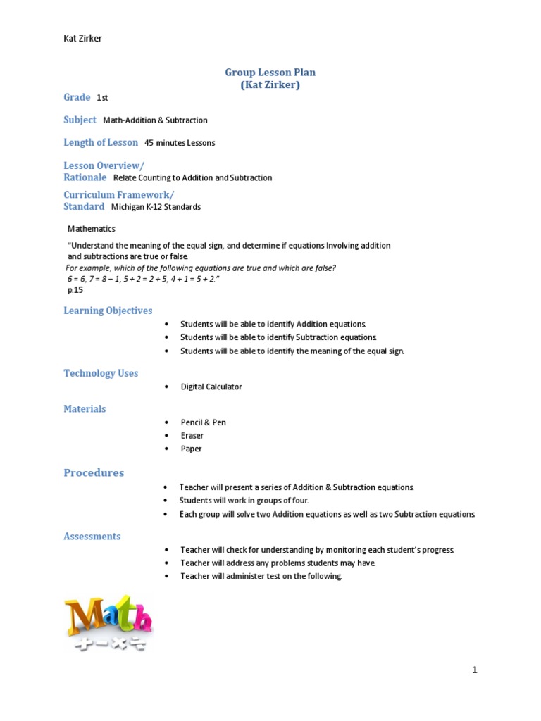 1st Grade Math Lesson Plan: Addition & Subtraction | PDF | Career ...
