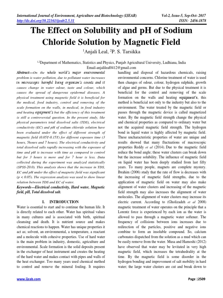 The Effect On Solubility and PH of Sodium Chloride Solution by Magnetic ...