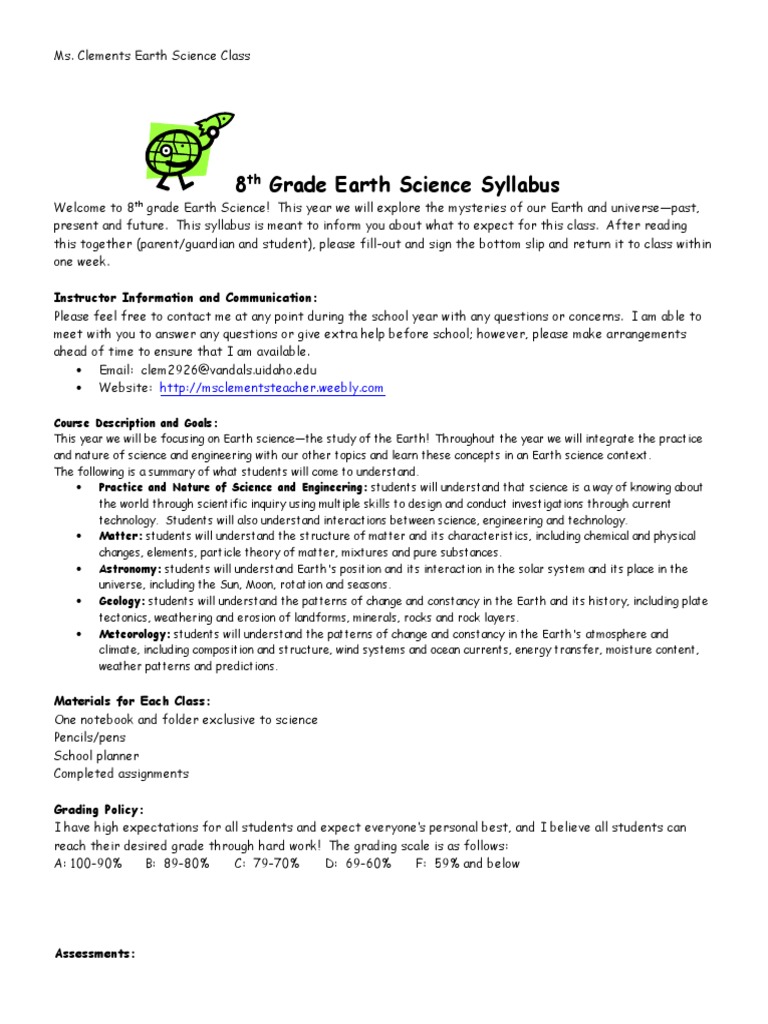 8 Grade Earth Science Syllabus Instructor Information and