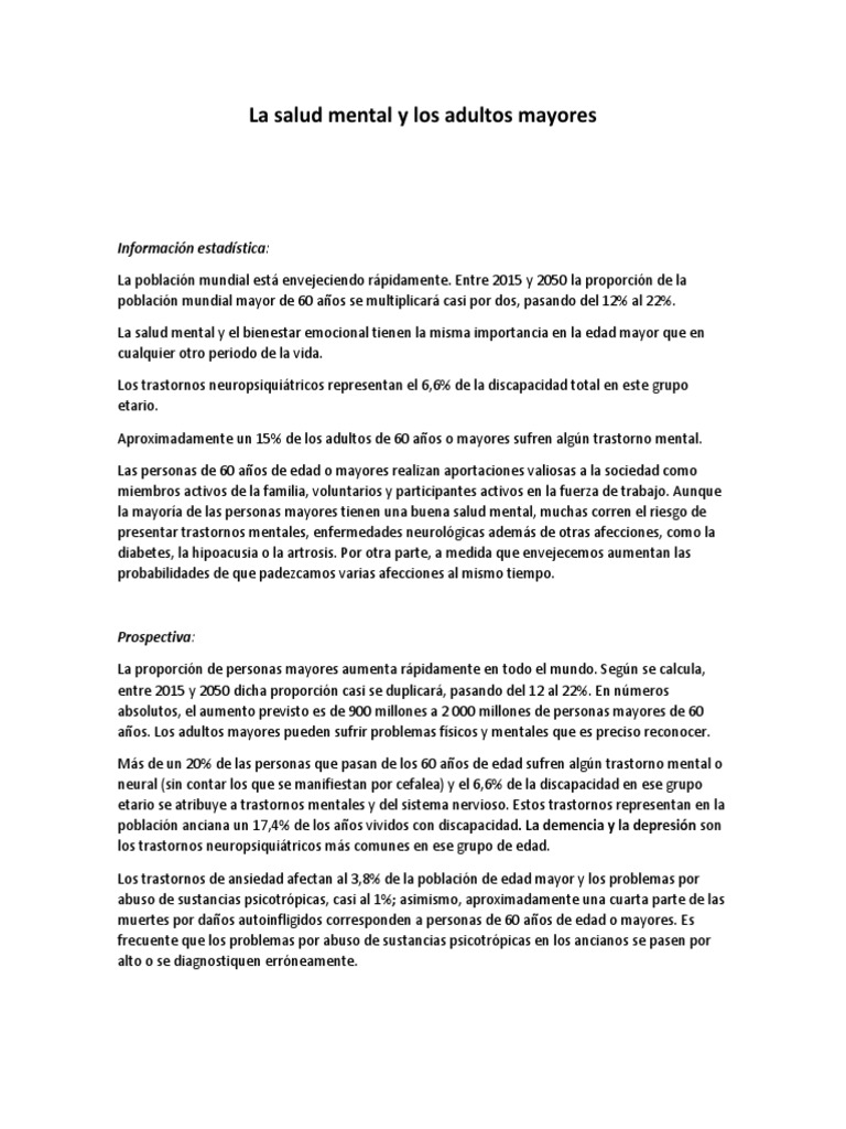 La Salud Mental y Los Adultos Mayores | PDF | Vejez | Depresión (estado ...