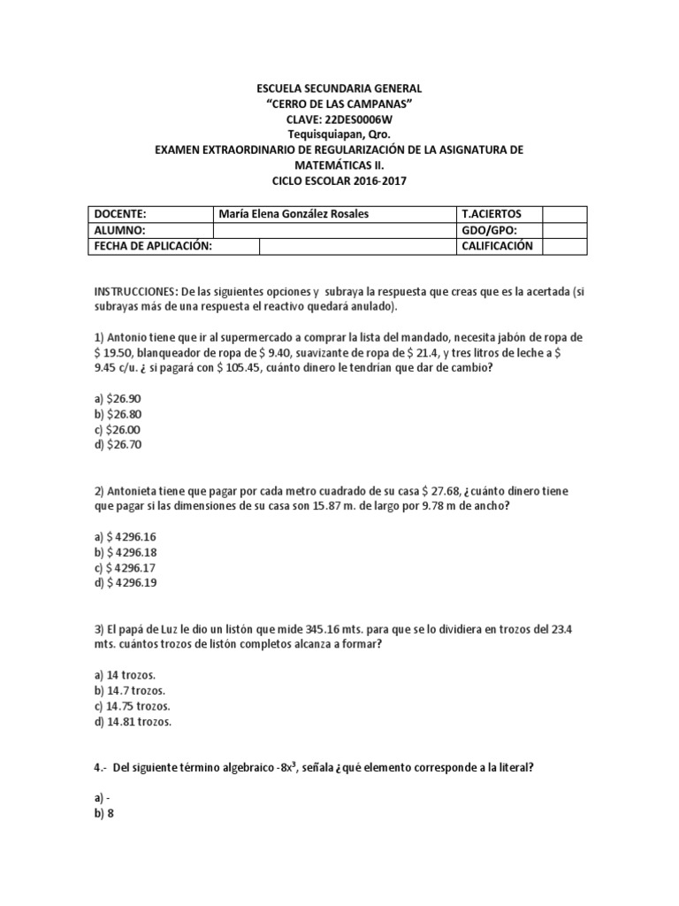 Examen Extraordinario de Matemáticas II | PDF | Ecuaciones | Objetos ...