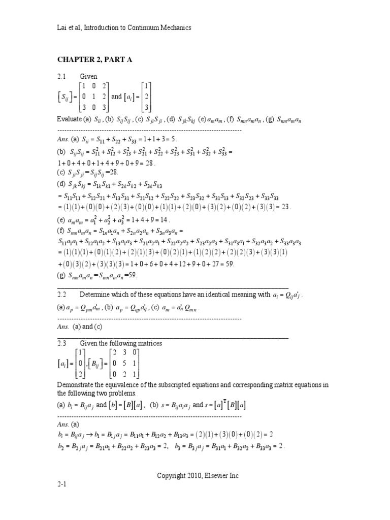 Solutions Manual Continuum Mechanics Lai PDF | PDF | Rotation | Tensor