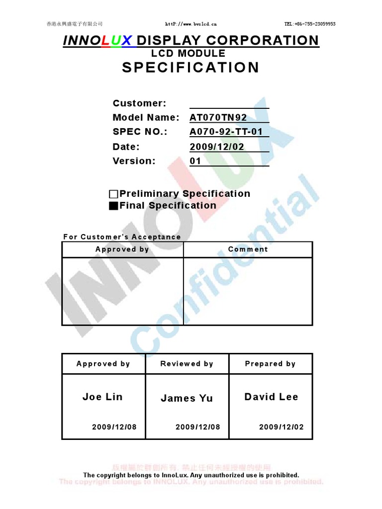 7 Inch LCD Spec At070tn90 | PDF | Backlight | Liquid Crystal Display