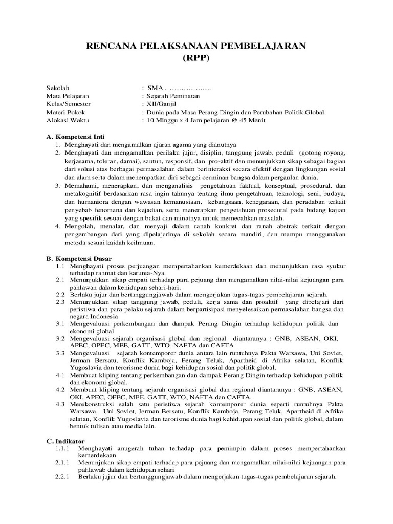 Rpp Sejarah Peminatan Sma Kelas Xii