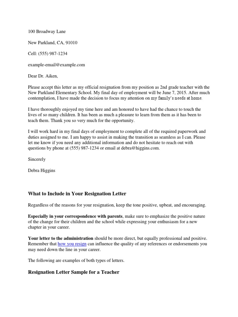 Resignation Letter Pdf Teachers Schools