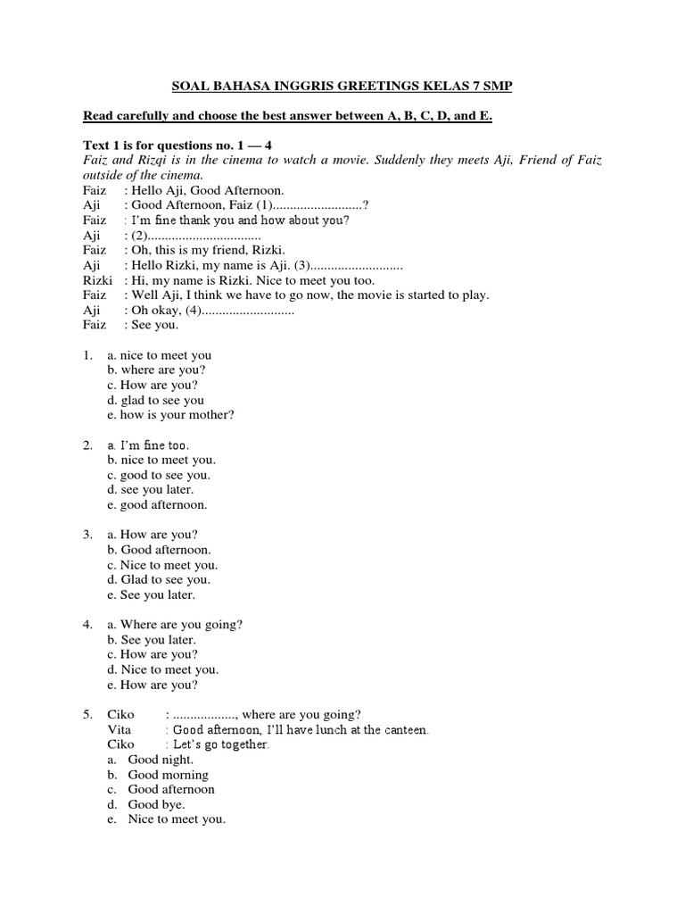 Soal Greeting and Parting Kelas 7 SMP Leisure Free 30