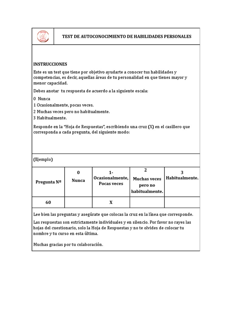 Test de Autoconocimiento de Habilidades Personales | PDF | Ejercicio ...