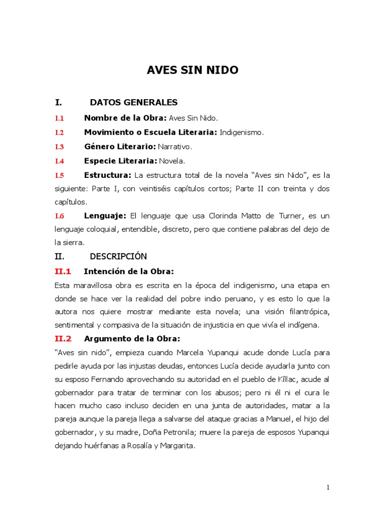 Aves Sin Nido 1 Pdf Amor Perú
