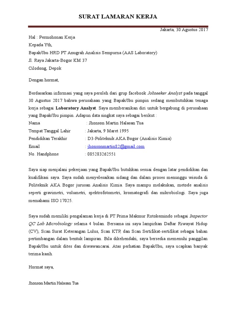 Surat Lamaran Kerja PT Agricon | PDF