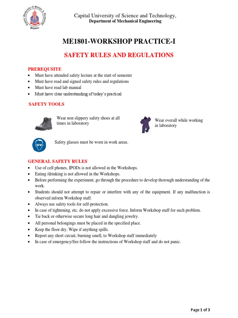 Safety Rules and Regulations - For MechanicalWorkshop - Final9!10!17 ...