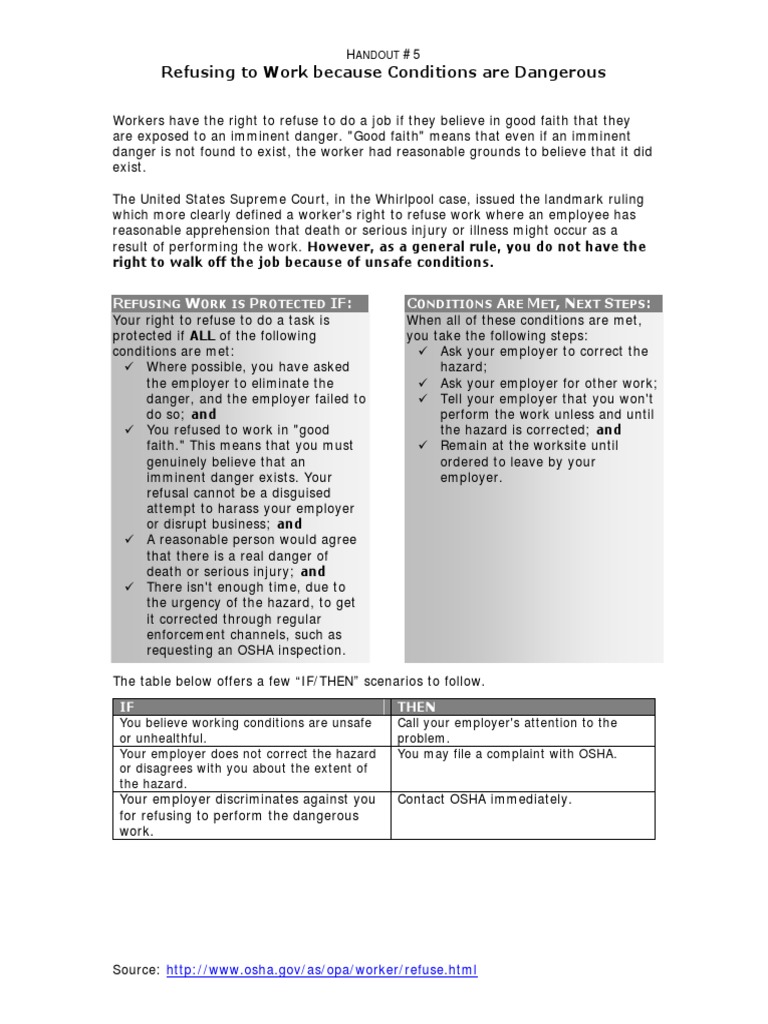 Refusing to Work Hand Out Occupational Safety And Health