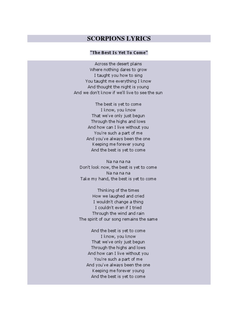 Scorpions Lyrics "The Best Is Yet To Come" PDF