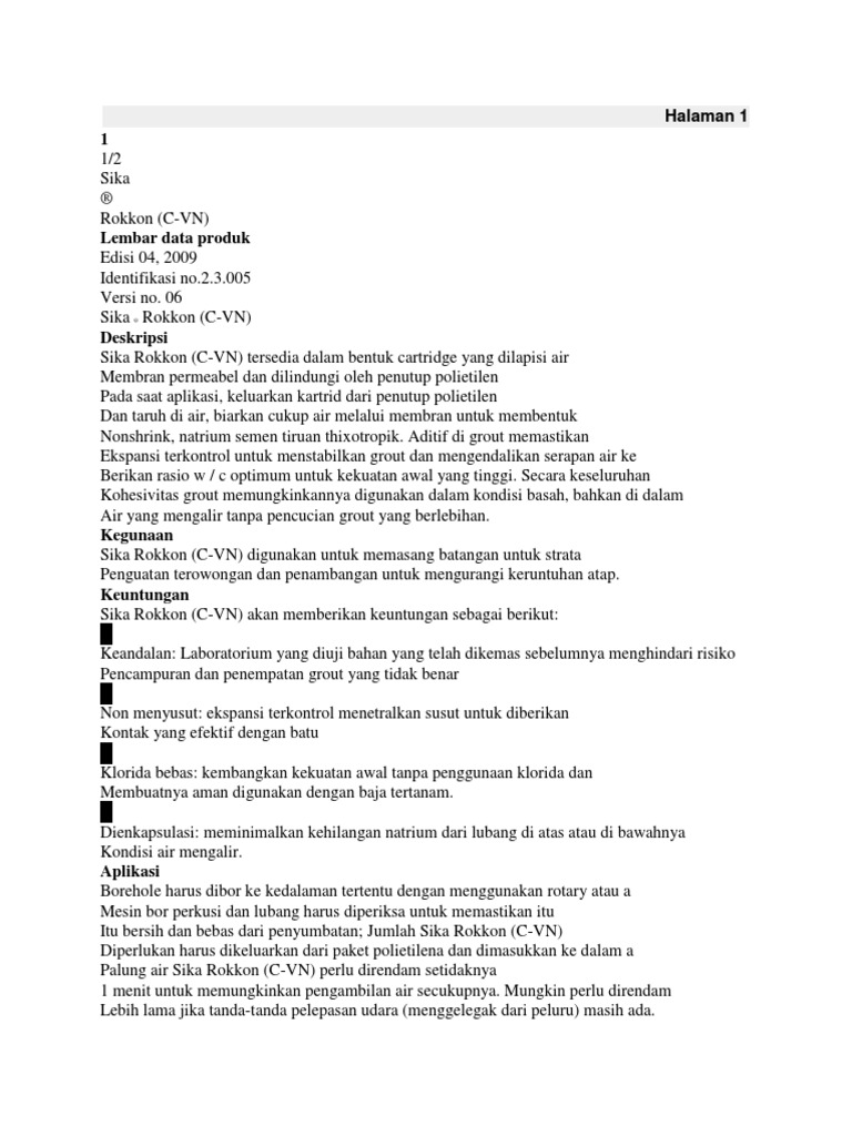 Grout Sika Rokkon (C-VN) untuk Penambangan | PDF